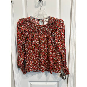 Knox Rose Red Floral Smocked Blouse L